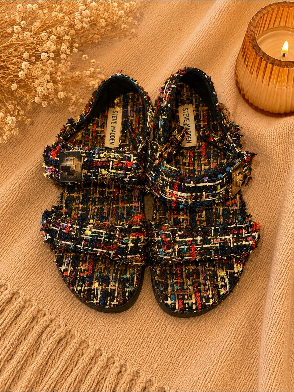 Steve Madden Black Multicolor Tweed Buckle Sandals